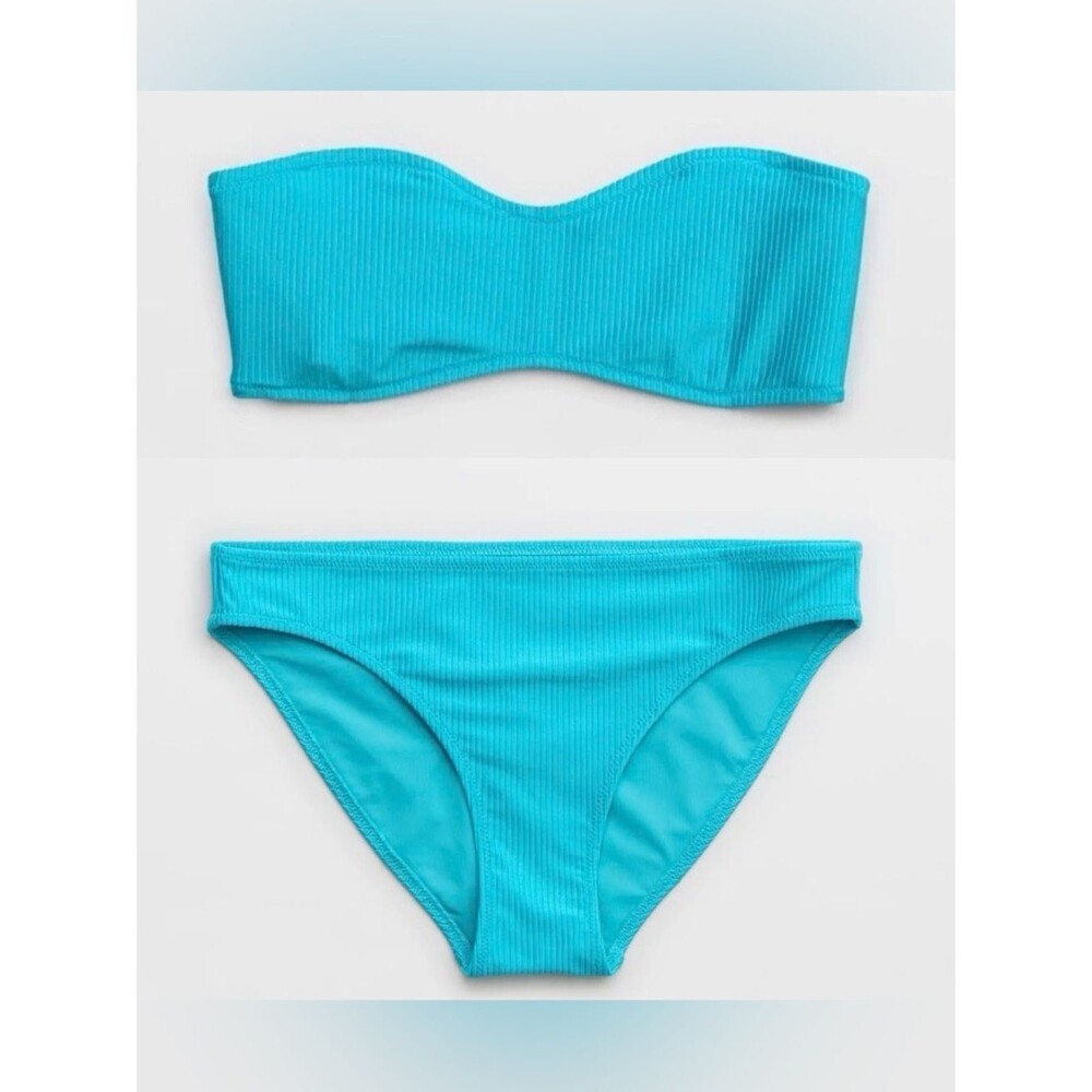 NWT Aerie FULL SET Shine Rib Bandeau Top + Full Coverage Bottom Barbados Blue M